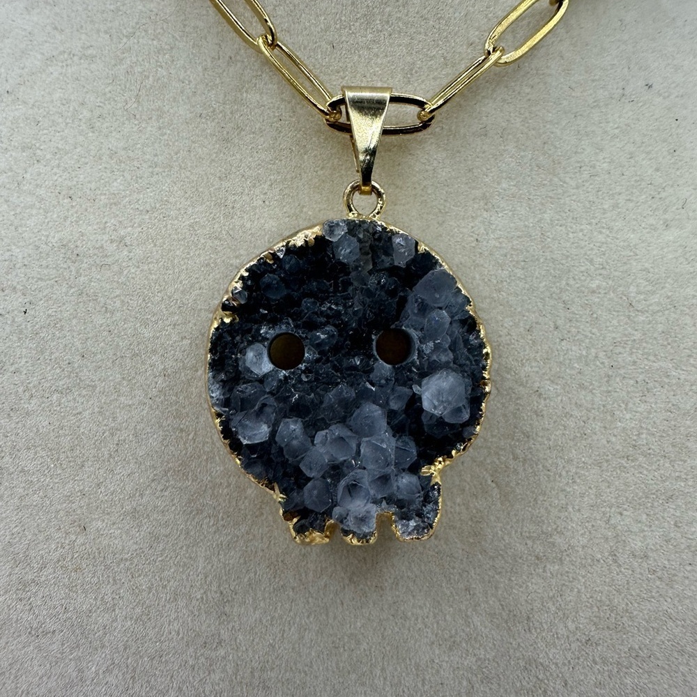 Druzy Amethyst Skull Pendant with Gold Plated Siding on Stainless Steel Chain - Picture 2 of 9